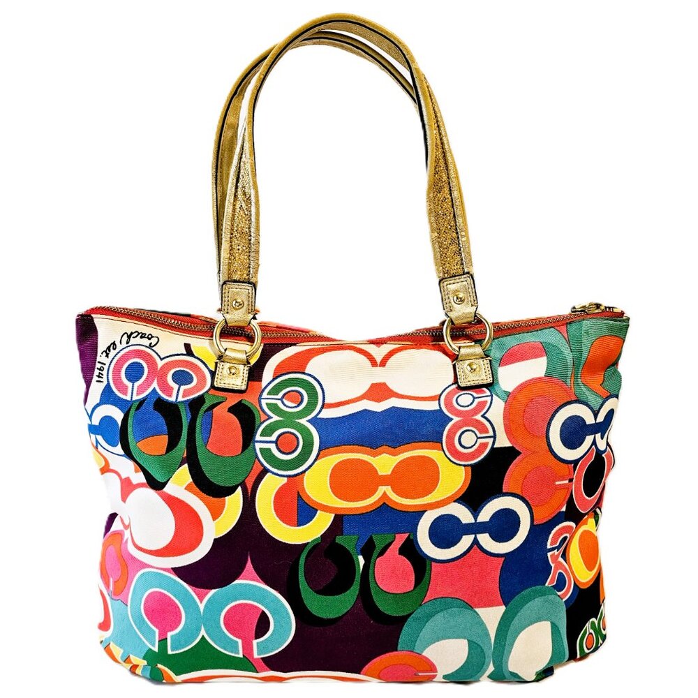 Coach Poppy Rare Vintage Bright Multicolor Gold Accents Purse Tote Style #F20080 - Picture 15 of 16